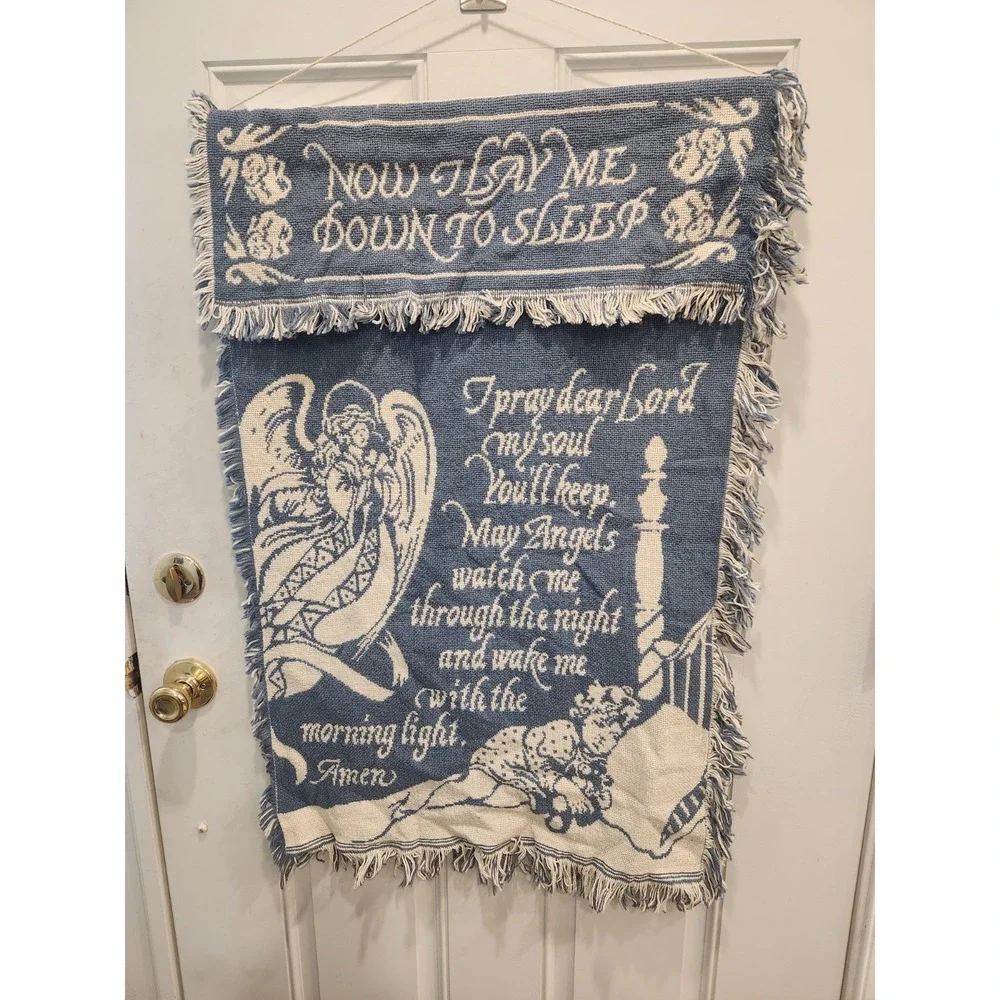 Vtg Tapestry Wall Hanging NOW I LAY ME DOWN TO SLEEP Prayer 24 X 34
